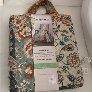 NWT  Country Home Loretta Reversible Quilted Throw & Tote Bag - Teal & Cream